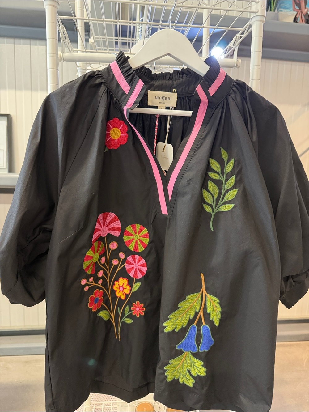 Umgee Black Blouse with Pink Trim and Multicolor Floral Embroidery